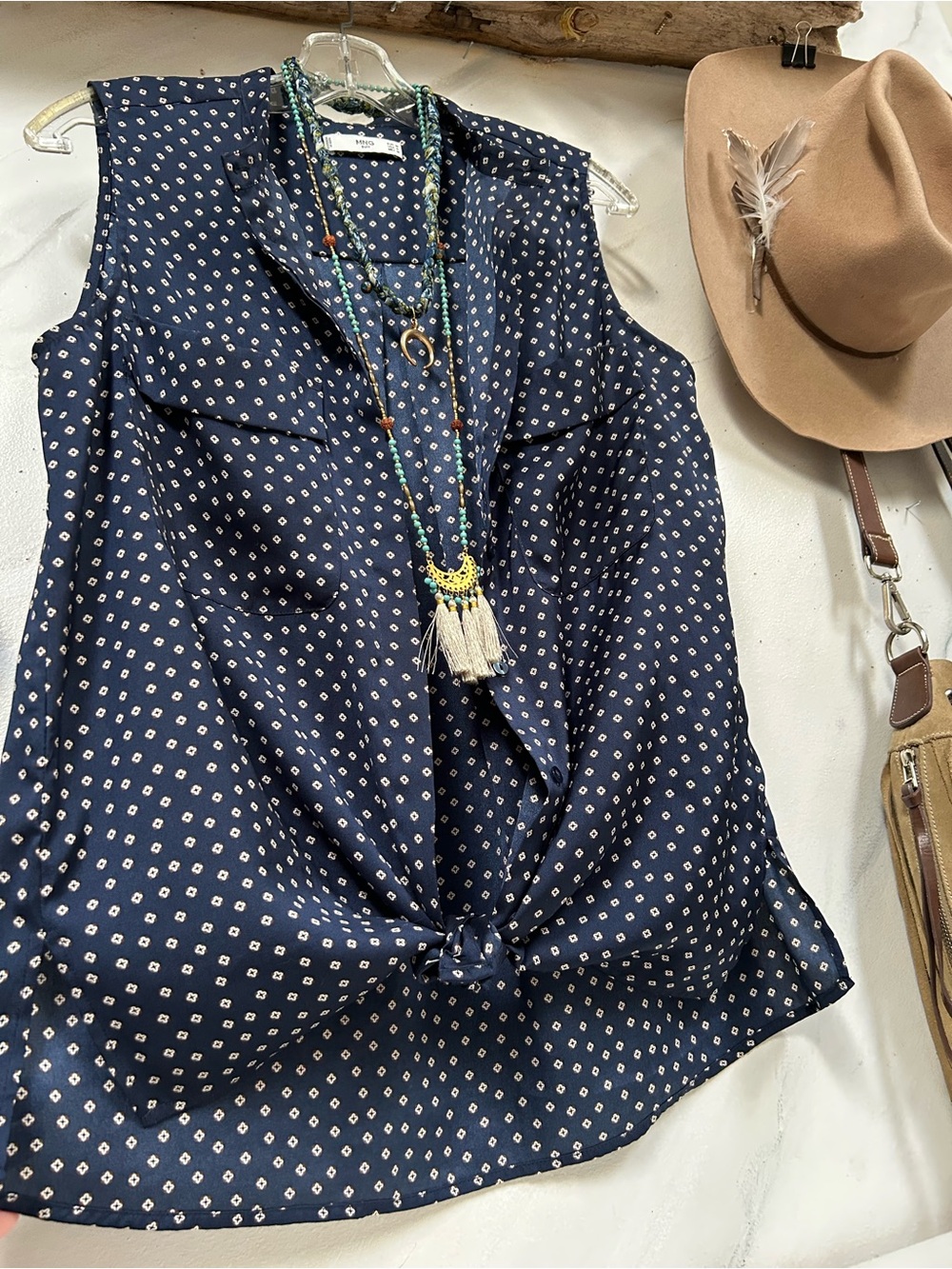 Sleeveless Navy Polka Dot Button-Front Blouse w boho choc macadamia vibe